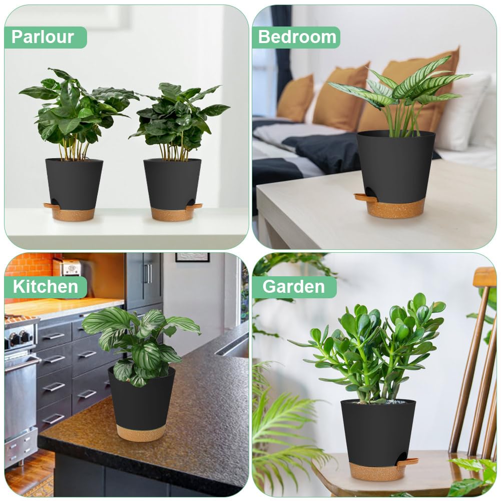 OFFCUP Plant Pots, 6pcs Plastic Plant Pots, 16.5cm Self Watering Plant Pots with Drainage Holes, Saucers and Reservoir, Suitable for Plants Indoor Modern Fashion Decorative Plastic Plant Pots (Black)