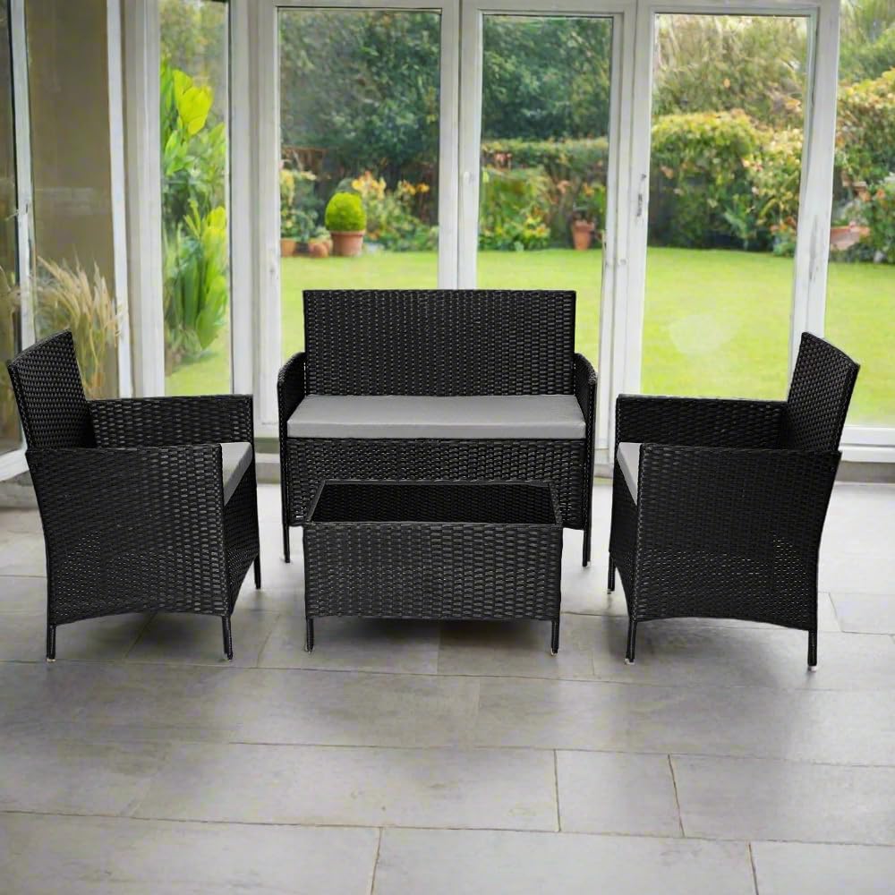EVRE Black Rattan Garden Furniture Set Patio Conservatory Balcony Indoor Outdoor 4 Seater Piece Glass Top Coffee Table Modular Sofa Loveseat with Cushions