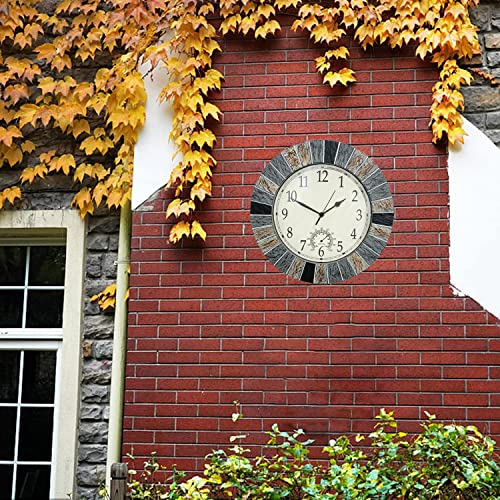 eYotto 13 Inch Garden Clocks Outdoor Waterproof, Large Wall Clock with Thermometer, Weatherproof Non-Ticking Battery Operated for Patio, Pool, Lanai, Fence, Porch, Backyard, Decor, Gift