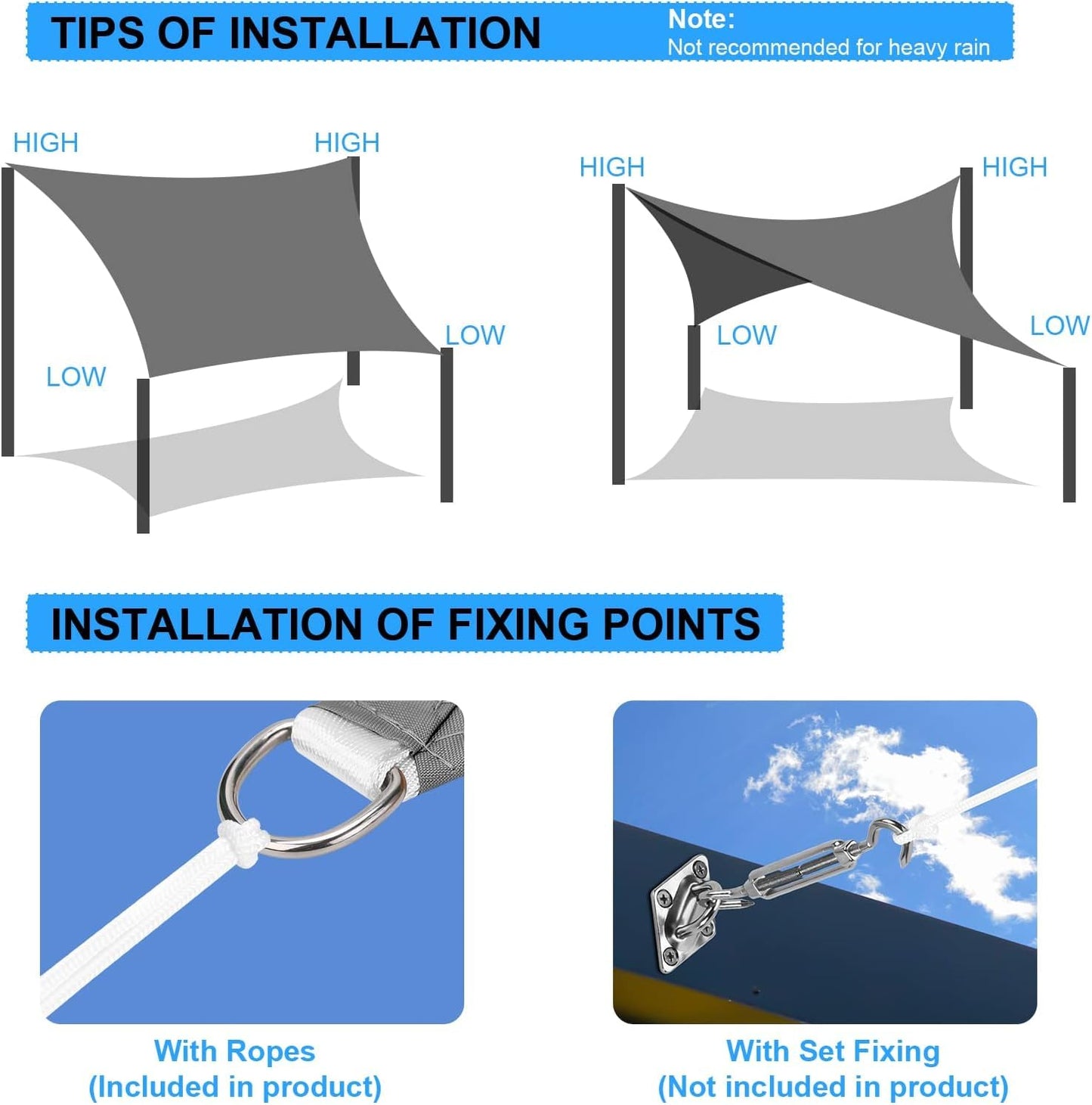 Ankuka Sun Shade Sail 4m x 6m Grey Rectangular Waterproof Garden Sun Sail Outdoor Patio Party Sunscreen Awning Canopy 98% UV Block With Rope