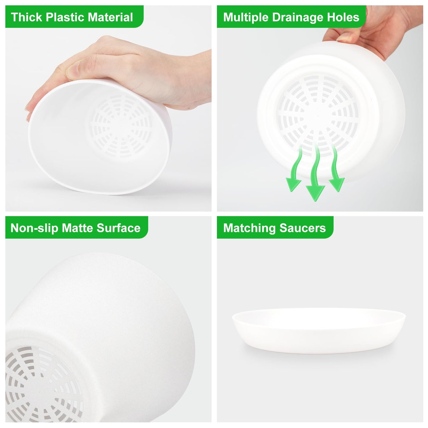 KINGLAKE 8Pcs 4" Small White Plant Pots Plastic Flower Pots Indoor Plant Pots for Office House Desk with Trays/Pallets