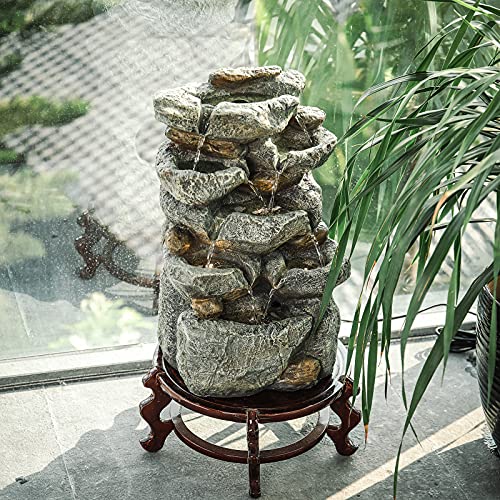 Garden Water Feature Decorate Cascading Tiered Water Fountain Pump Waterfall with LED Lights Indoor/Outdoor, Winding Rockery Waterfall, Dark Grey