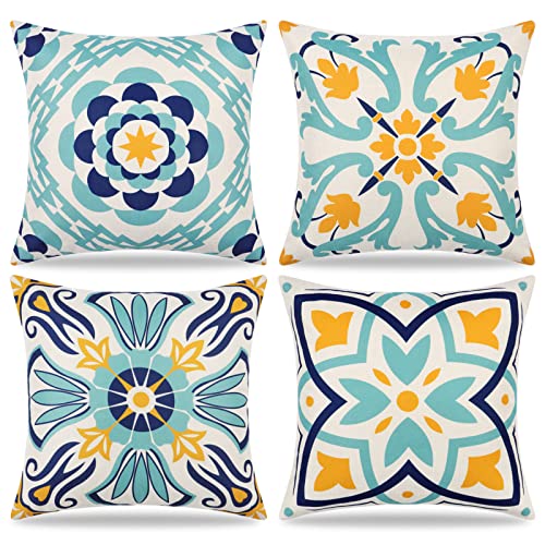 Dremisland Waterproof Throw Cushion Covers 45x45cm Set of 4 Spring Cushion Covers Outdoor Boho Farmhouse Cushion Case Flowers Decorative Garden Pillowcases for Home Bedroom Sofa Patio