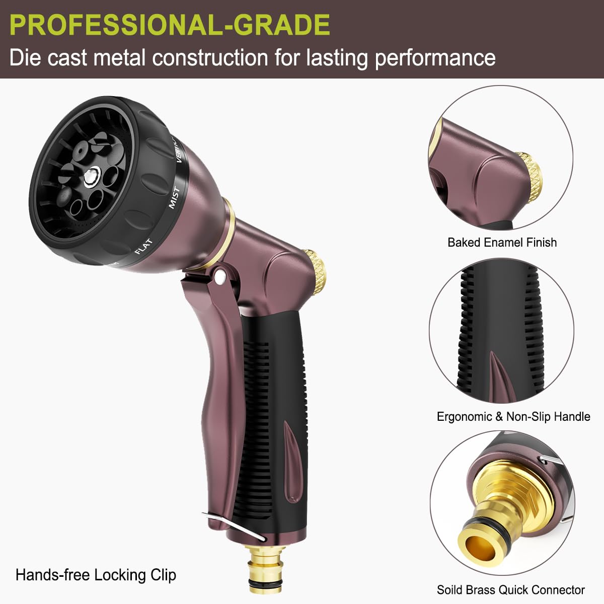 FANHAO Heavy Duty Garden Hose Pipe Spray Gun, 100% Metal Hose Gun with 8 Spray Patterns, High Pressure Hose Nozzle with Non-Slip Grip for Watering Plants & Lawns, Washing Cars & Pets -Bronze