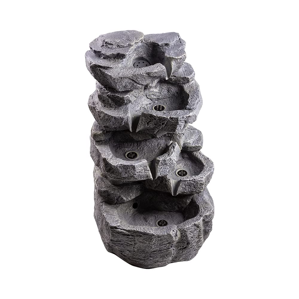 Rock Stone Cascade Water Feature with White LED Lights (70cm Tall) | 5 Tier Cascading Water Feature, Self Contained, Outdoor - 42 x 38 x 70cm