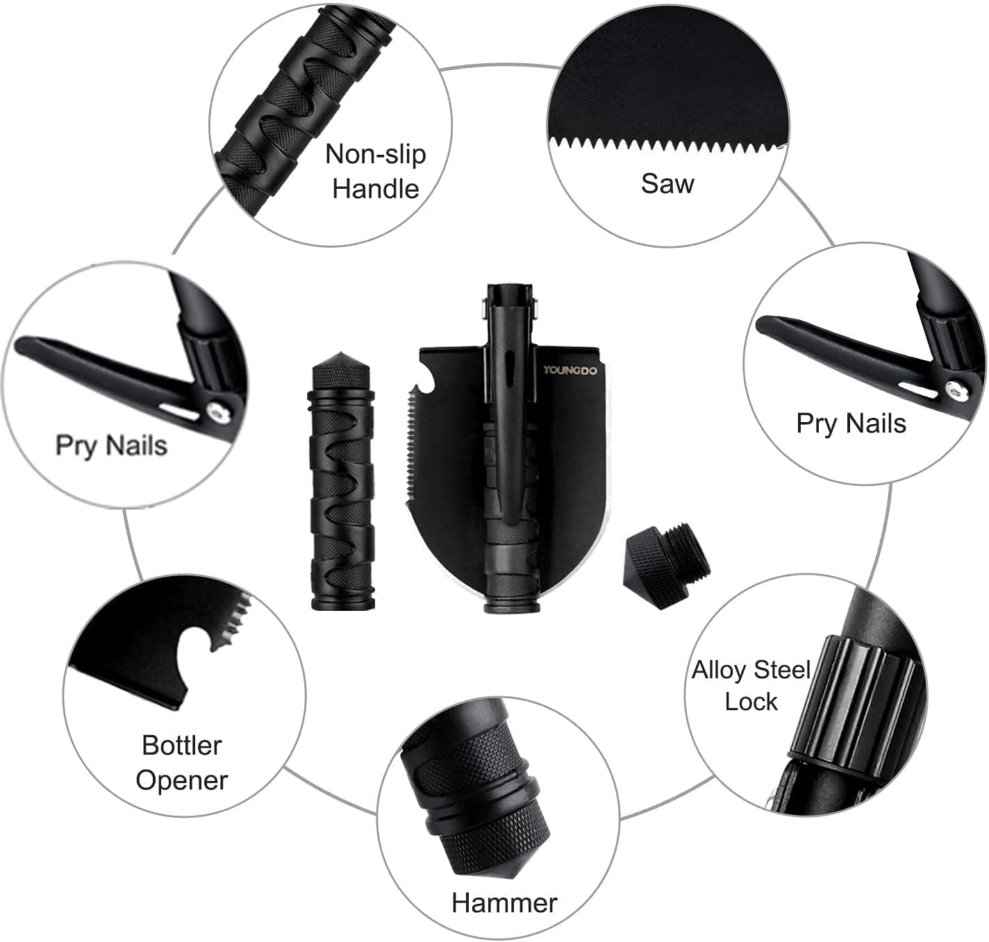 Camping Shovel, YOUNGDO Military Folding Survival Equipment, Entrenching Tool Portable for Detecting, Car Emergency, Backpacking, Outdoor, Hiking, Gardening and Trenching