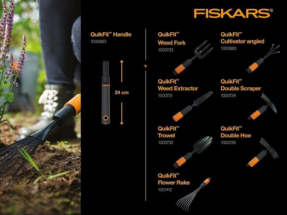 Fiskars QuikFit Weed Fork, Tool Head, Length: 27.5 cm, Stainless Steel Tines, Black/Orange, 1000733