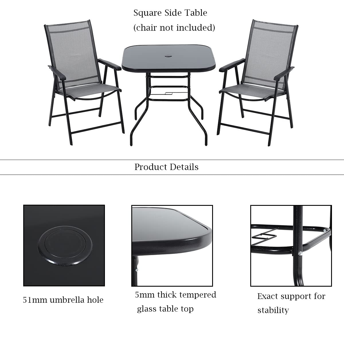 The Fellie Garden Table Outdoor Dining Table Tempered Glass Top Coffee Table Patio Table with Parasol Hole (Square-80 x 80 x 72cm)