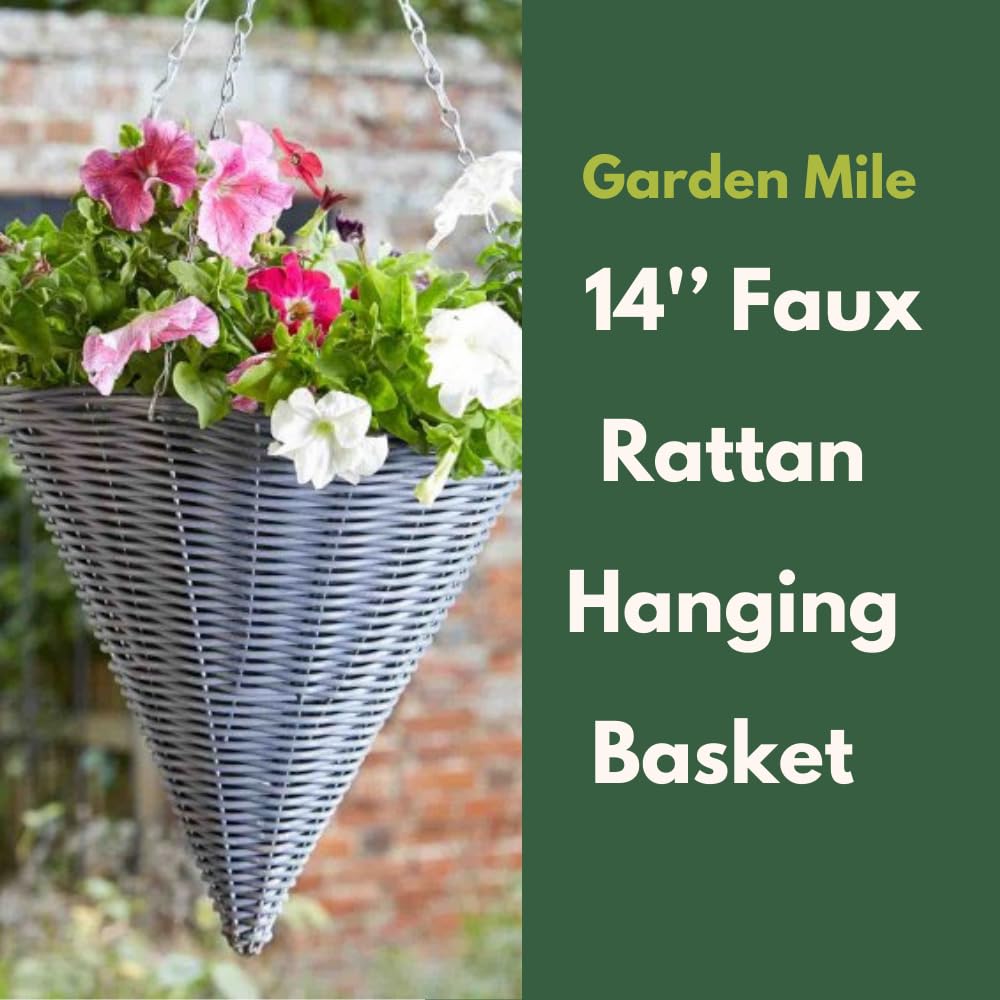 Garden Mile® Garden Hanging Flower Basket 14'' Cone Rattan Effect Plant Holder Outdoor Plant Pot Planter with Hanging Chain Grey Wicker Flower Pot Basket Pre-Lined for Easy Planting