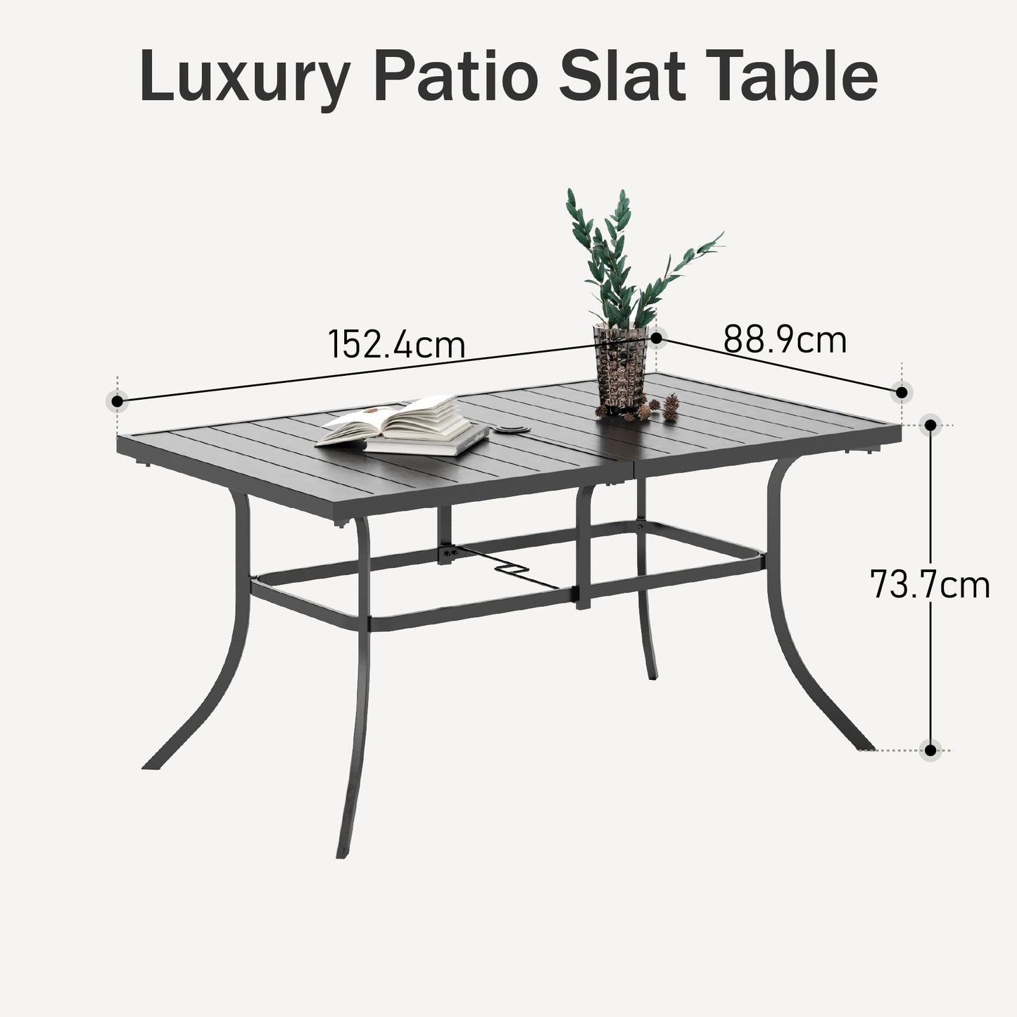 PHIVILLA Garden Table for 6 Person 150 * 90cm Patio Outdoor Table Rust Proof Steel Frame with 4 cm Parasol Hole Outdoor Furniture Garden Dining Table Maintenance Free Black
