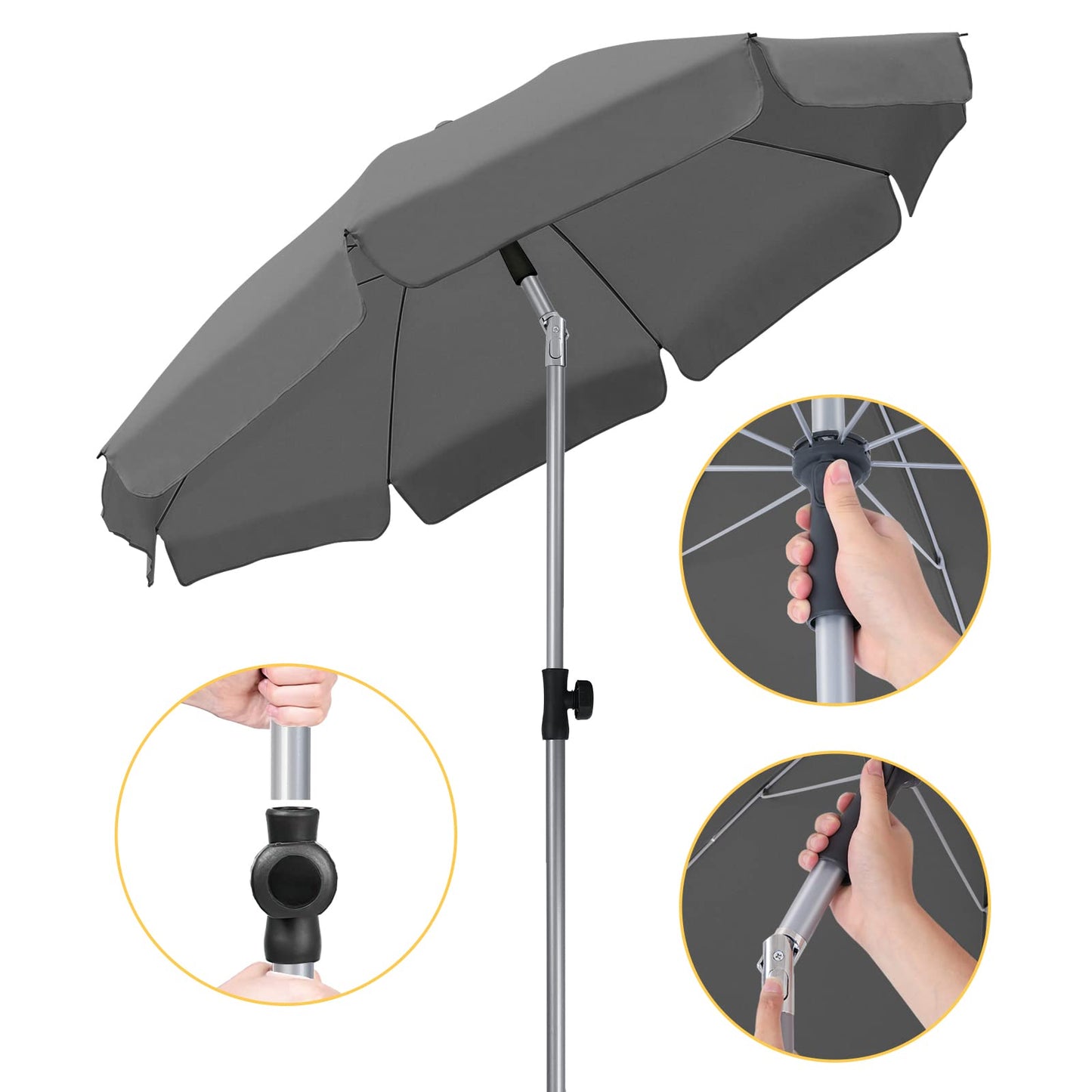 LIFERUN 2 X 2M Parasol, Market Umbrella, Round Garden Umbrella, 8 Steel Braces, Base Not Included, Patio Umbrella, Sun Protection UV 50- for Garden, Balcony and Patio, Grey