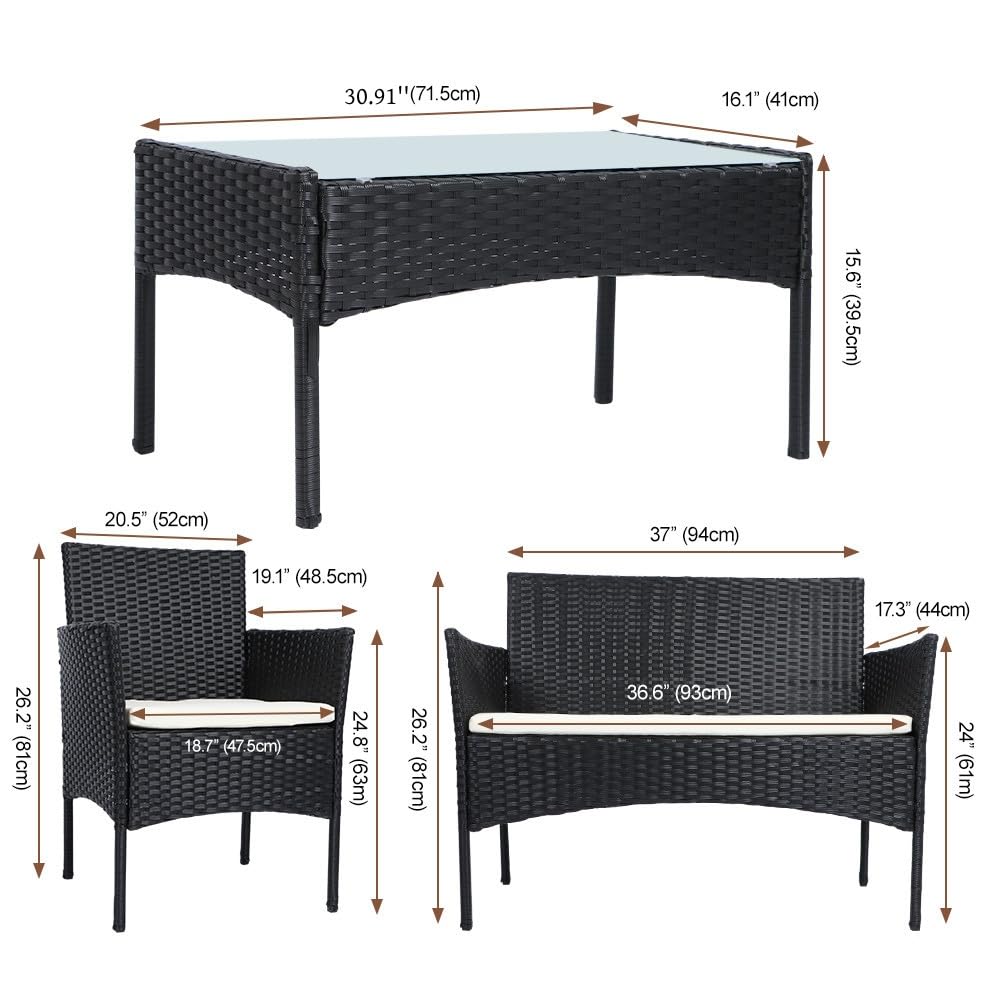 Panana Rattan Garden Furniture 4 Piece Set Table Sofa Chair Patio Outdoor Conservatory Black