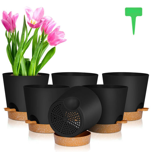 OFFCUP Plant Pots, 6pcs Plastic Plant Pots, 16.5cm Self Watering Plant Pots with Drainage Holes, Saucers and Reservoir, Suitable for Plants Indoor Modern Fashion Decorative Plastic Plant Pots (Black)