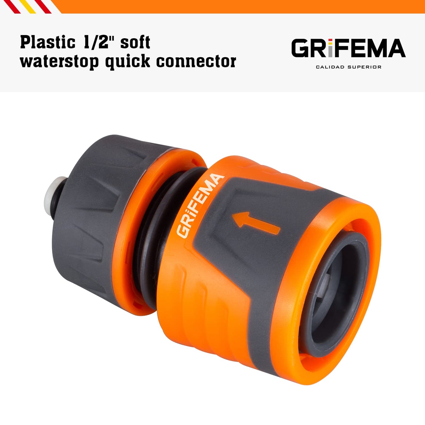GRIFEMA GE1202 Quick Coupling Hose for 1/2" 12.5 mm - 5/8" 15 mm, Hose Stop Connector, Easy Installation, Sun Protection, Grey - Orange [Amazon Exclusive]