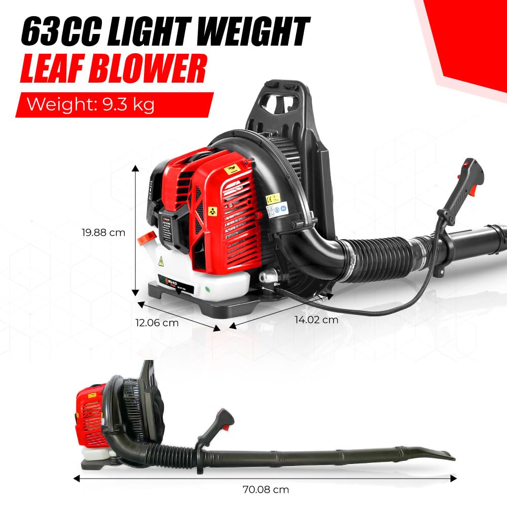 BU-KO 63CC Petrol Backpack Leaf Blower - Powerful 2 Stroke Air Cooled Engine - Lightweight With New and Improved Padded Support Straps While Using - Safety Gear