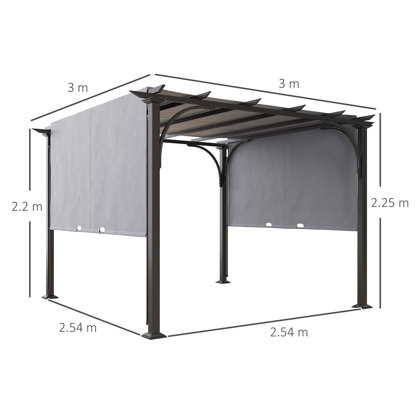 Outsunny 3 x 3(m) Garden Pergola, Outdoor Pergola Gazebo with Adjustable Canopy, Sun Shade Patio Canopy Shelter, Grey
