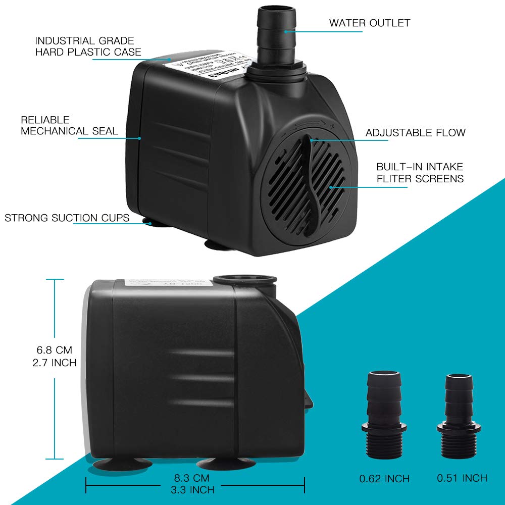 Cadrim Submersible Water Pump, Aquarium Water Pumps 1200L/H 25W Fountain Water Pump with 2 Nozzles for Pet Fountains/Pond/Aquarium/Fish Tank/Statuary/Hydroponics 300Gph
