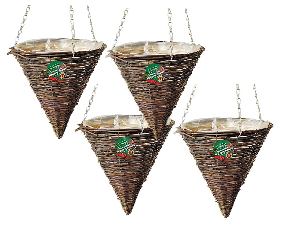 Garden Mile 12" Rattan Cone Garden Hanging Baskets Indoor Outdoor Hanging Planter Plant Pots Rattan Wicker Hanging Basket (12" Rattan Cone Basket) (Four Baskets)