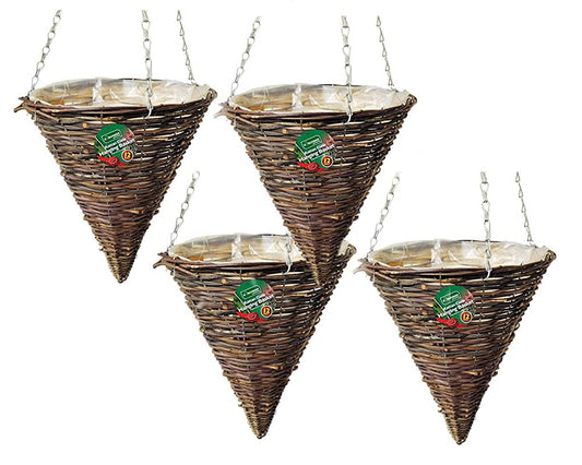 Garden Mile 12" Rattan Cone Garden Hanging Baskets Indoor Outdoor Hanging Planter Plant Pots Rattan Wicker Hanging Basket (12" Rattan Cone Basket) (Four Baskets)