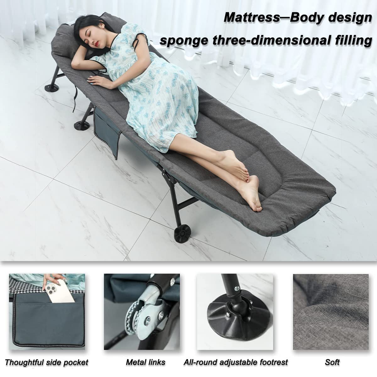 PERRTWDLF 2023 Garden Sun Loungers - Reclining Garden Chairs, Fishing Bedchair, Carp Fishing Chair with Side Pocket and Mattress, Adjustable 5 Gears Portable Sunloungers Patio Beach Pool, Gray