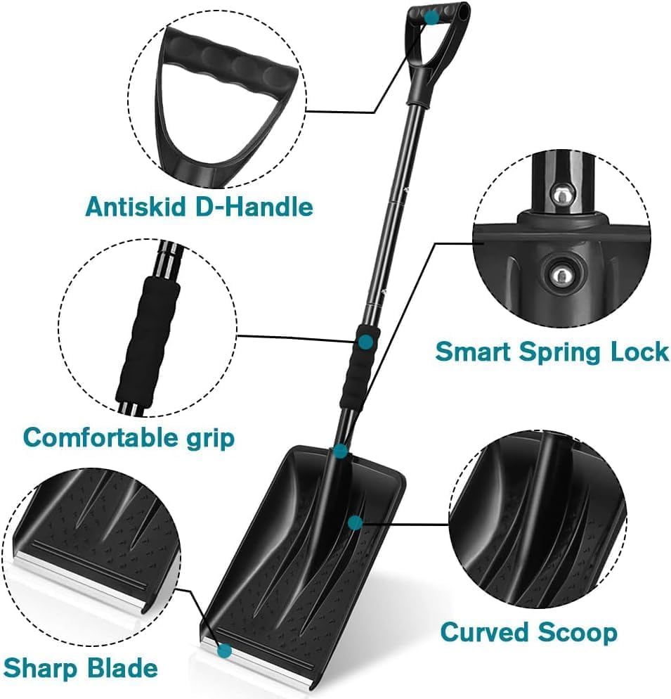 Snow Shovel, New Winter Snow Removal Tool, Detachable Three-Part Adjustable Long Handle, Large Capacity Black Lightweight Portable Sport Utility Shovel for Driveway Car, Aluminum Camping Snow Shovel