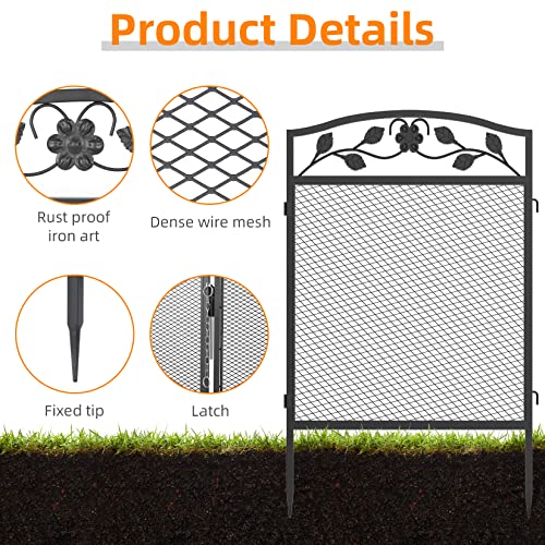 UNHO Decorative Garden Fence Panels: 5pcs Wrought Iron Lawn Edging Border Outdoor Metal Trellis Animal Barrier for Patio Backyard 43in X 9.8ft