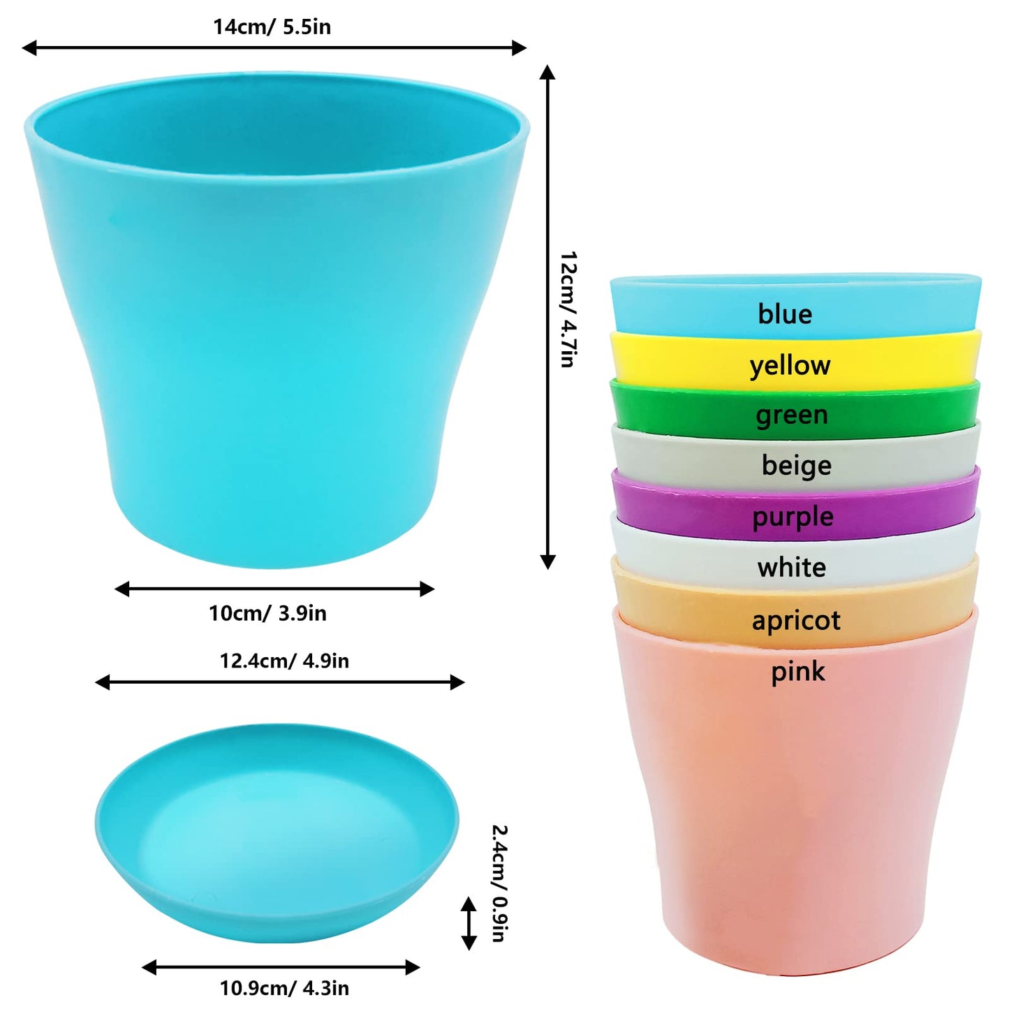 WAIZHIUA 8Pcs 14cm Plant Flower Pots Colorful Plastic Plant Pots Indoor Flower Pots Plant Container Planters with Trays for Office House Succulent Fruit Vegetable Seedlings Transplanting, 8 Colors
