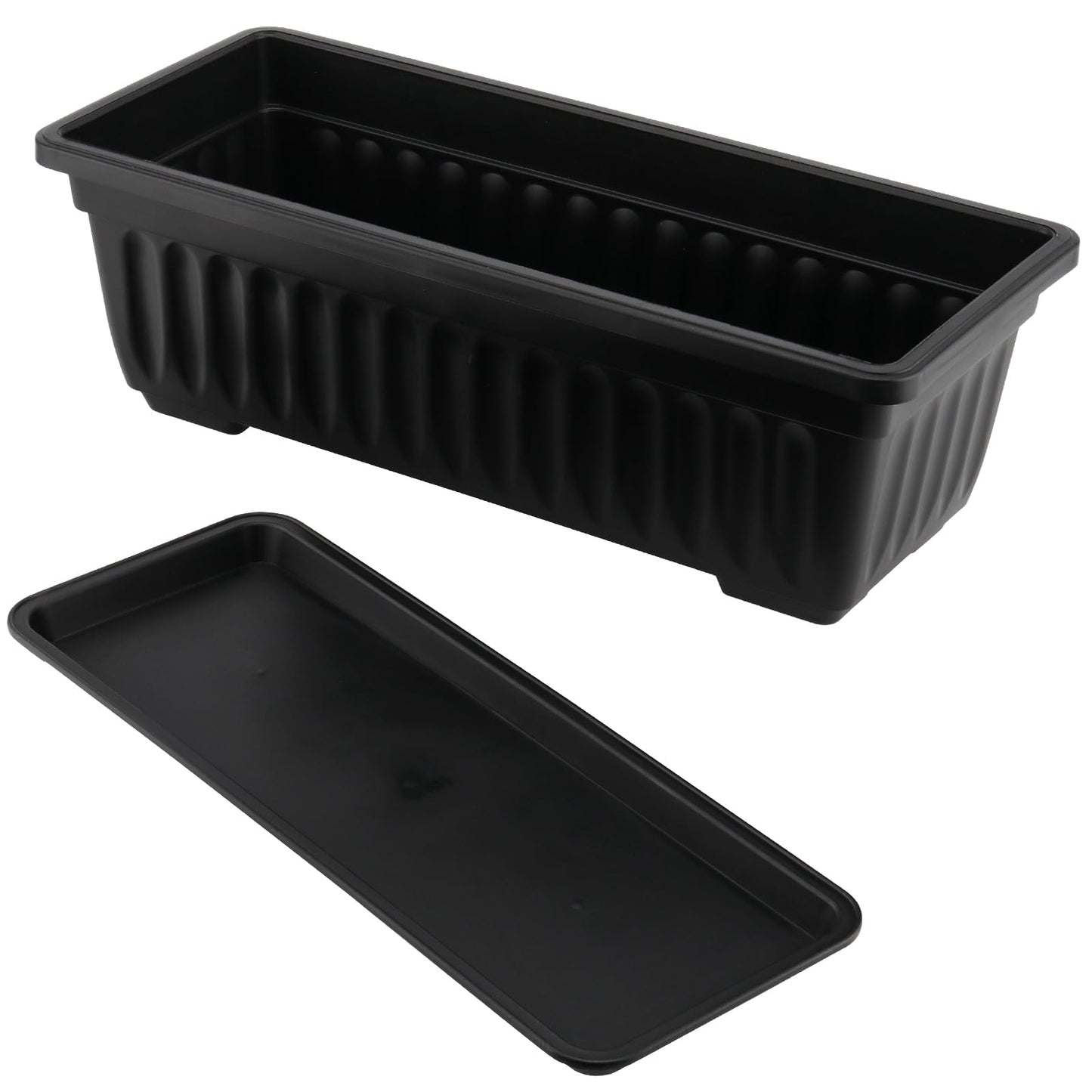 JOIKIT 6 PCS 17 Inch / 43cm Black Plastic Window Box Planter, Rectangular Flower Pot, Windowsill Planter with Removable Tray and Green Plant Label for Indoor, Outdoor