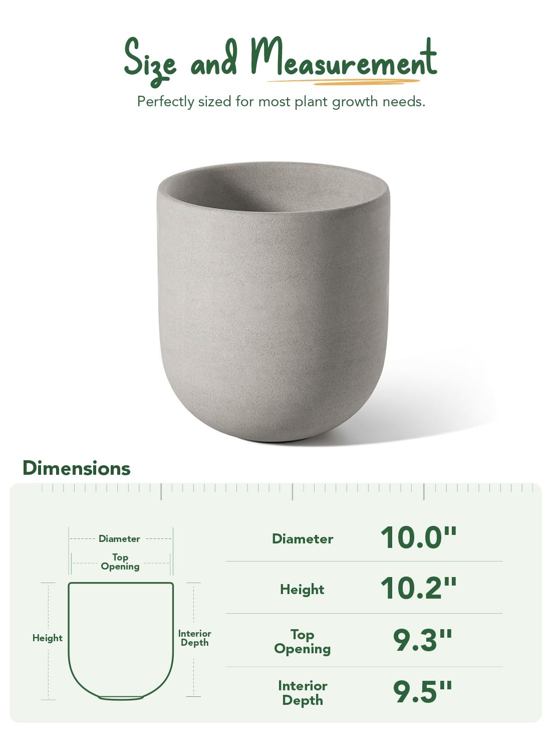 LE TAUCI 25 cm Plant Pot, Ceramic Pots for Plants with Drainage Holes and Rubber Plug, Plant Pots Indoor Outdoor for Home Garden Patio Office, Cylinder Flower Pot, Grey