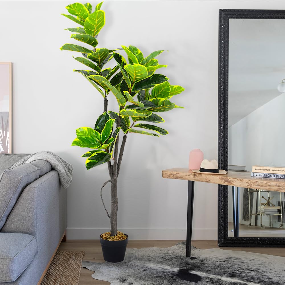 Warmiehomy Artificial Ficus Tree 150cm/5ft Tall Fake Rubber Plant Large Realistic Faux Trees in Pot All Year Green Low Maintenance Plastic Indoor House Plant for Home Office Decor