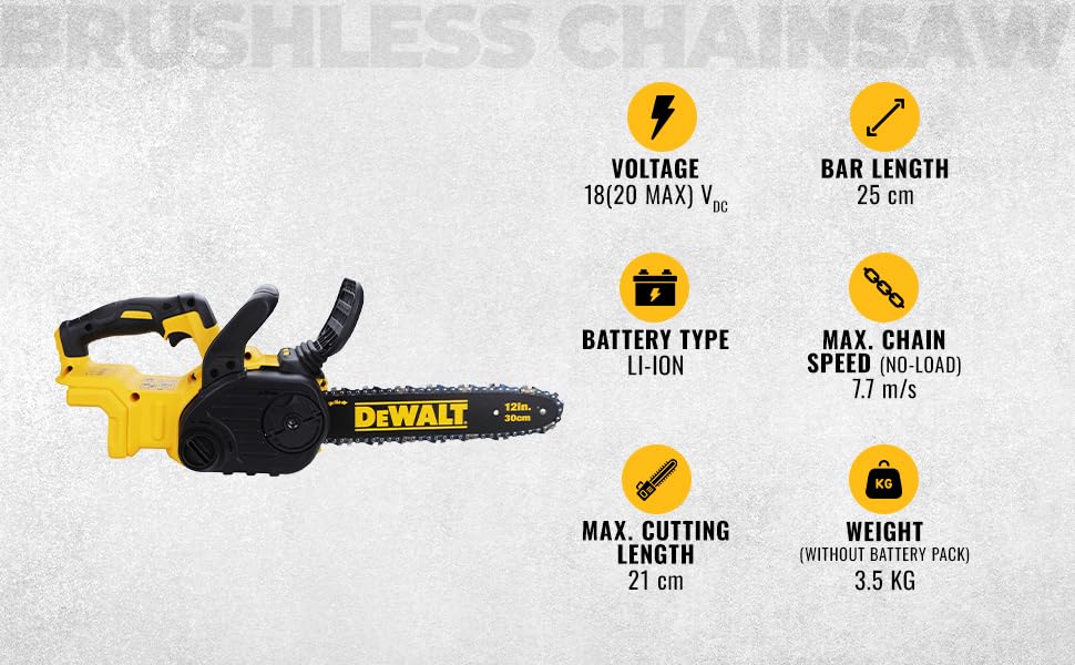 DEWALT DCM565N-XJ Electric Chainsaw 18V XR, 7.68 m/s Chain Speed, 30CM Bar & Chain