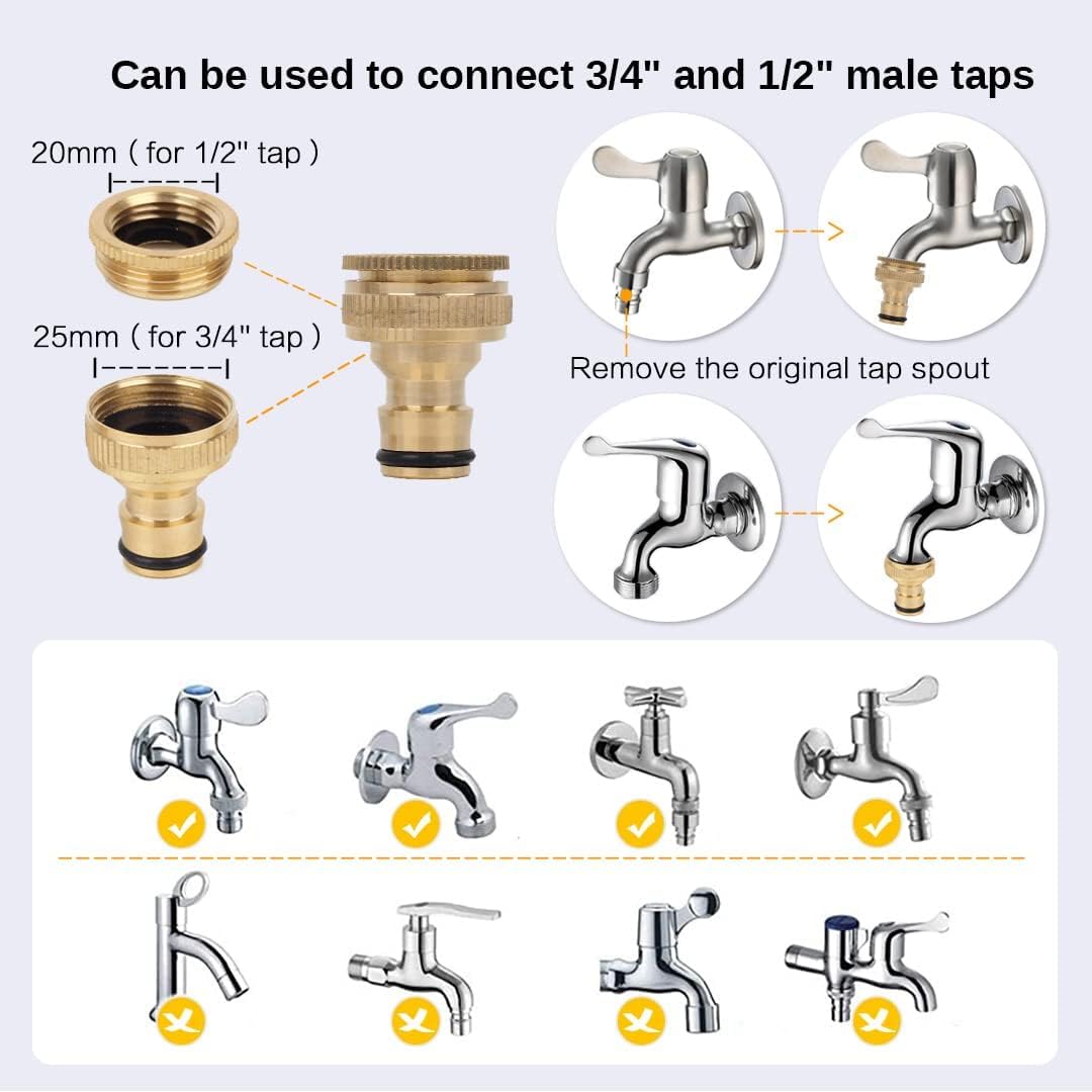 COSORO 2 pack Garden Hose Tap Connector - 3/4 inch & 1/2 inch 2-in-1 Brass Female Threaded Tap Connector for Hosepipe, Threaded Faucet Adapter