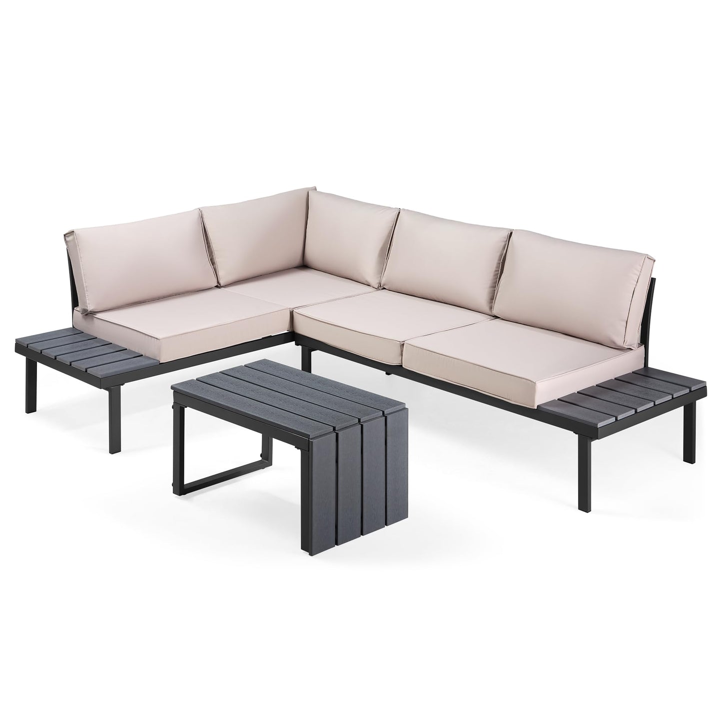 VonHaus Garden Furniture Set - Modular Outdoor Sofa with Coffee Table - 3 in 1 Multi-Use Patio Lounge Set with Daybed & Lounger Configurations - Steel Frame with Padded Cushions - Aruba Grey
