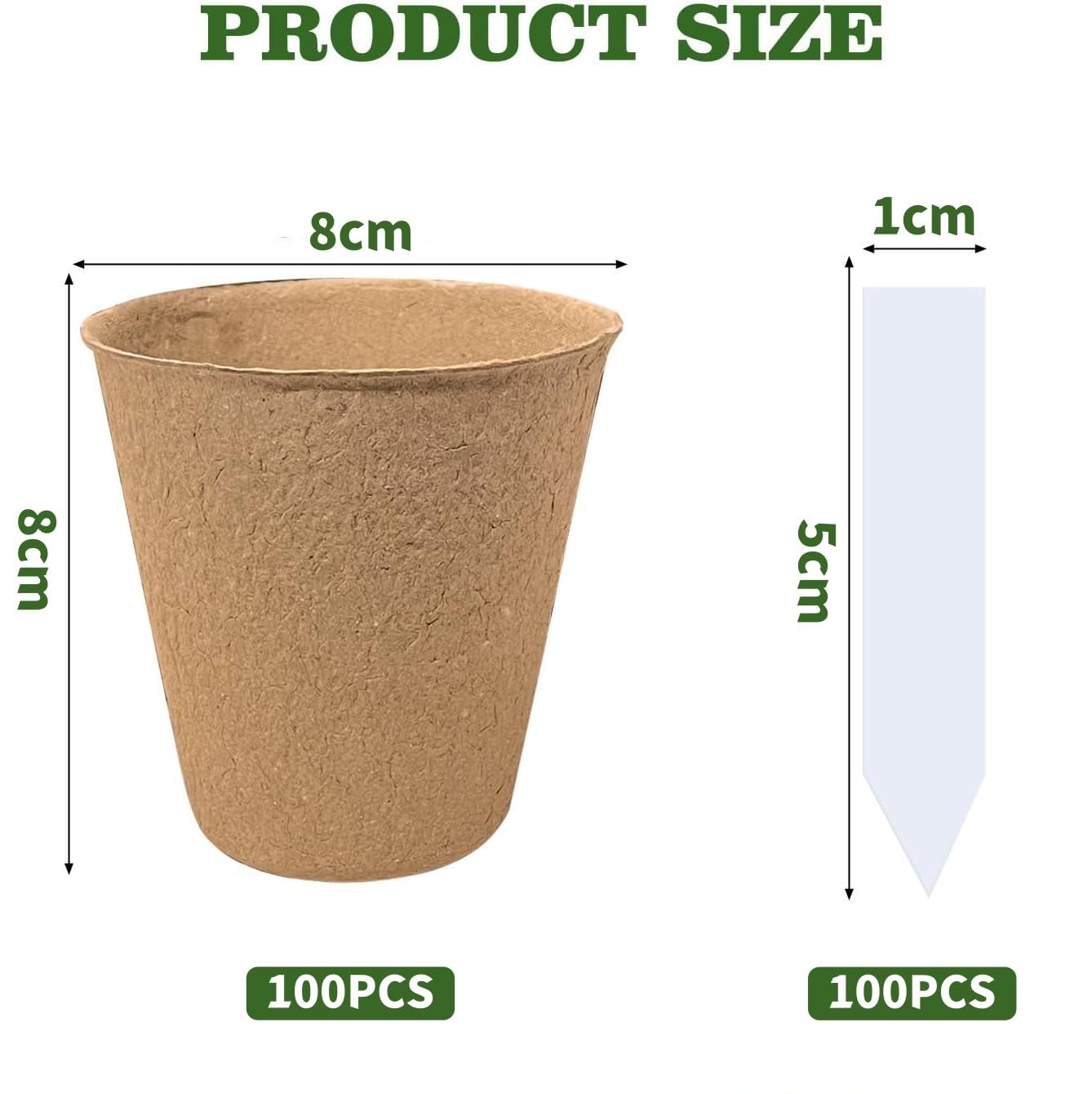 LATERN 100Pcs 8CM Biodegradable Fibre Seed Pots for Seedling and Transplanting with 100Pcs Plastic Plant labels (White 5cm x1cm)