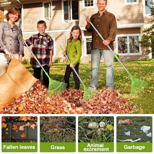 Hortem Garden Leaf Rake Set, Telescopic Rake Gardening, include 24-Teeth Aluminum Lawn Rake and Lightweight Garden Yard Leaf Scoops (Green)