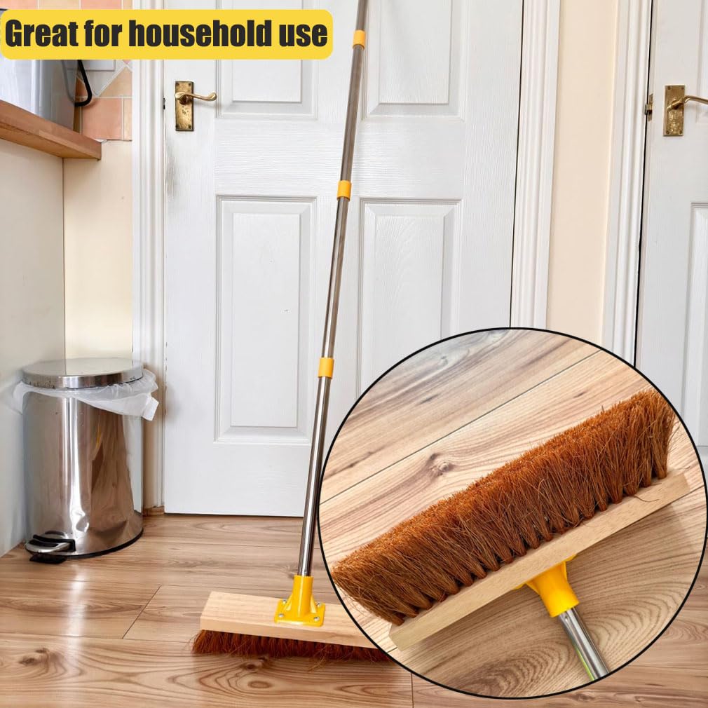 13" Soft Broom Indoor Coco Bristle Floor Sweeping Brush with 150cm Long Handle for Household Kitchen