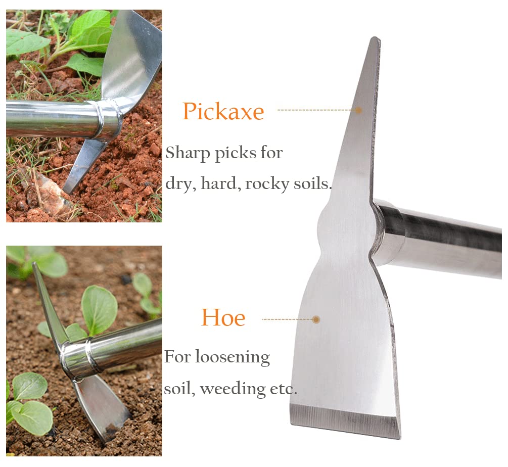 LANYOTA Gardening Hoe, 2 in 1 Shovel and Pickaxe, Digging Hoe Garden Tools Heavy Duty Stainless Steel Vegetable Flower Planting Digging Gadget