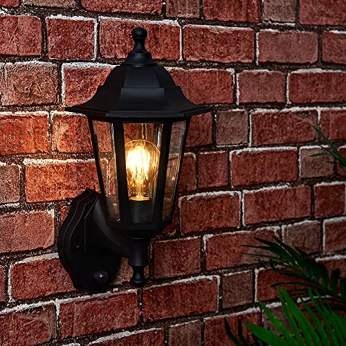 MiniSun | Traditional Style Black Security PIR Motion Sensor Wall Lantern | Outdoor Wall Lights, Home Décor & Improvement Essential | Includes 10W LED Bulb [3000K Warm White]
