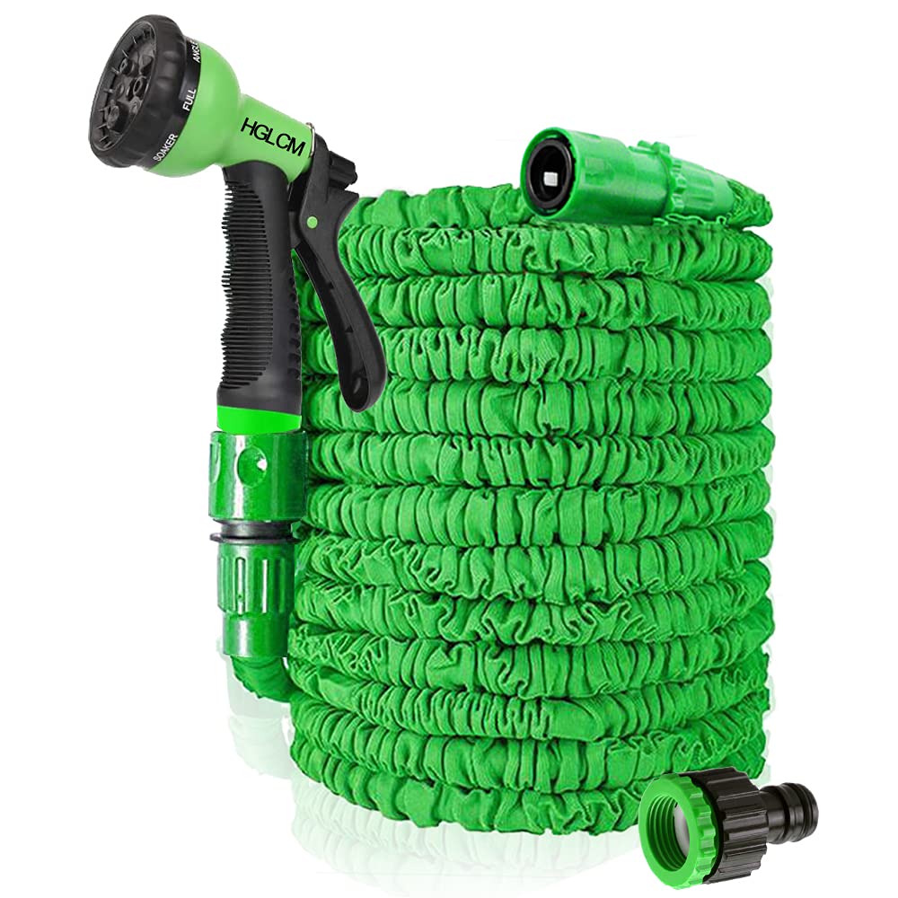 HGLCM 25ft/50ft/75ft/100ft/125ft Expanding Garden Water Hose Pipe with 8 Function Spray Gun 3 Times Expandable Flexible Magic Hose Anti-Leakage Lightweight Easy Storage (Green, 100ft)