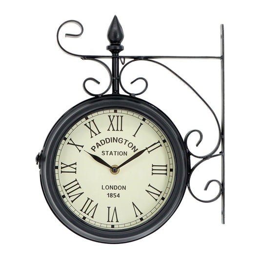 Charles Bentley Paddington Outdoor And Indoor Double Sided Wall Clock, Black, Analogue Design, Plastic, Metal, Quiet Ticking, Roman Numerals, Vintage, Patio Clock, Living Room, Kitchen (32x27x9.5cm)