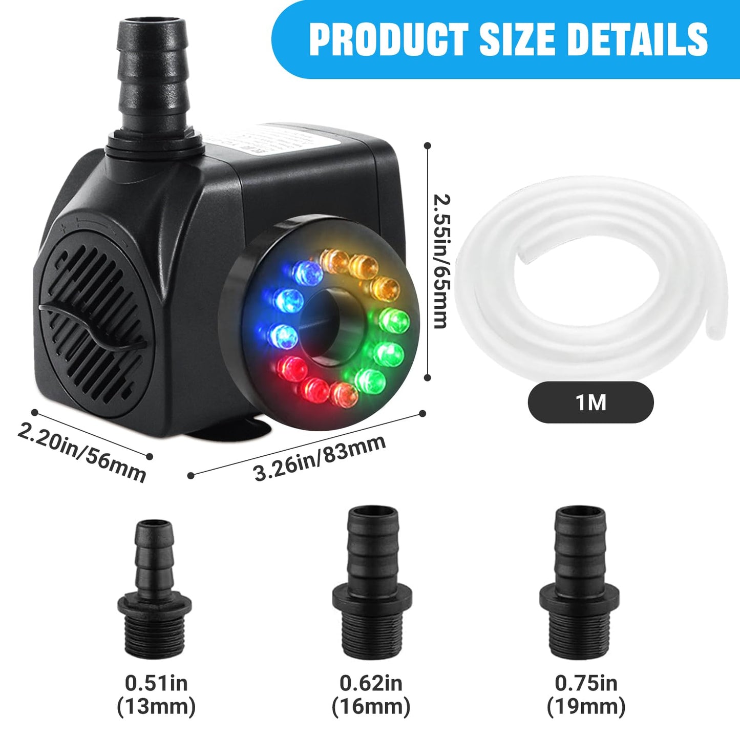Submersible Water Pump, 25W 1500L/H Fountain Pump with 12 Color LED Light for Fountain Pool Garden Pond Fish Tank Aquarium Water (with Tubing)