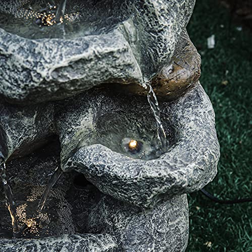 Garden Water Feature Decorate Cascading Tiered Water Fountain Pump Waterfall with LED Lights Indoor/Outdoor, Winding Rockery Waterfall, Dark Grey
