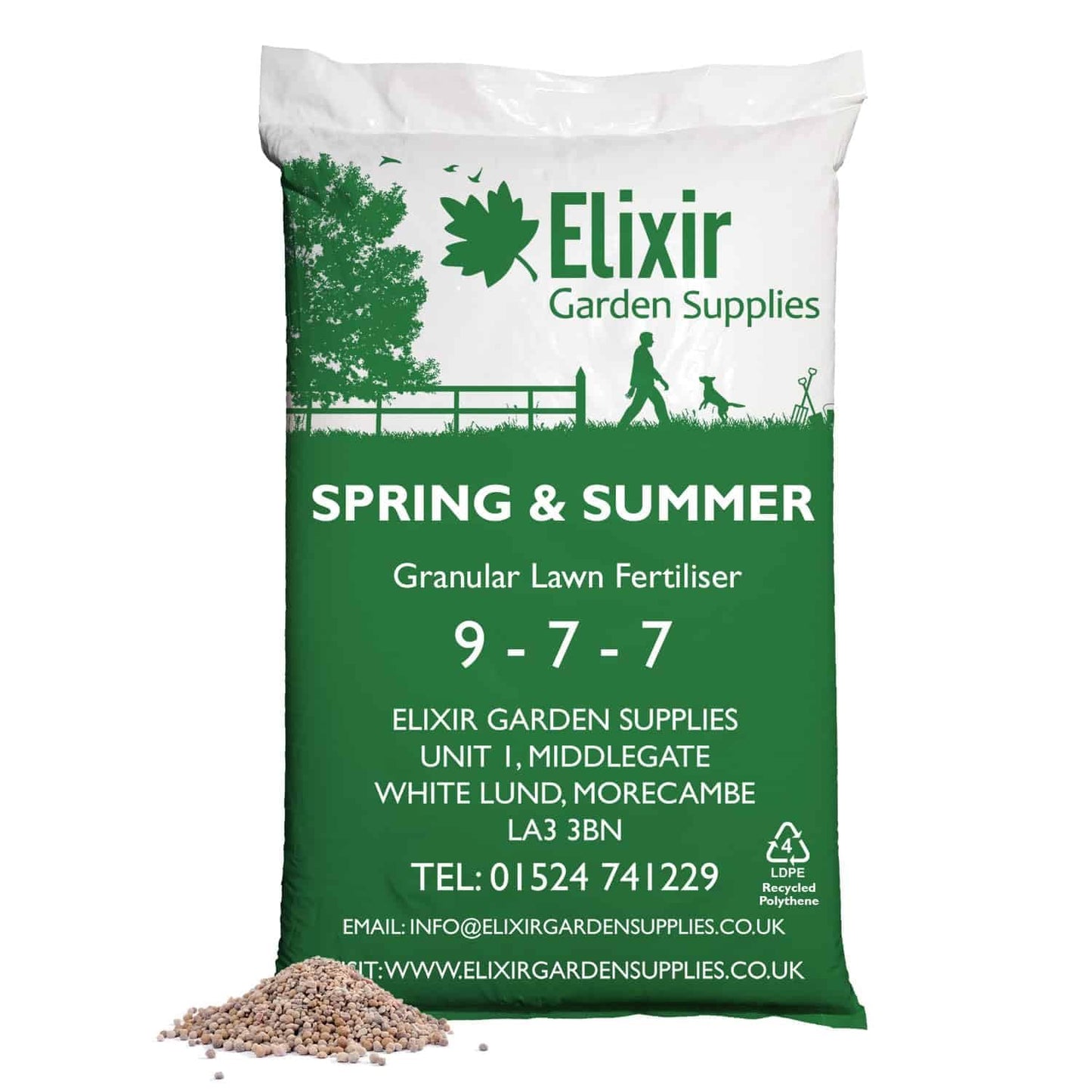 Elixir Gardens Spring & Summer 9-7-7 | Treats 712 sq.m | Granular Lawn Fertiliser/Turf & Grass Feed/Food | 25kg Bag