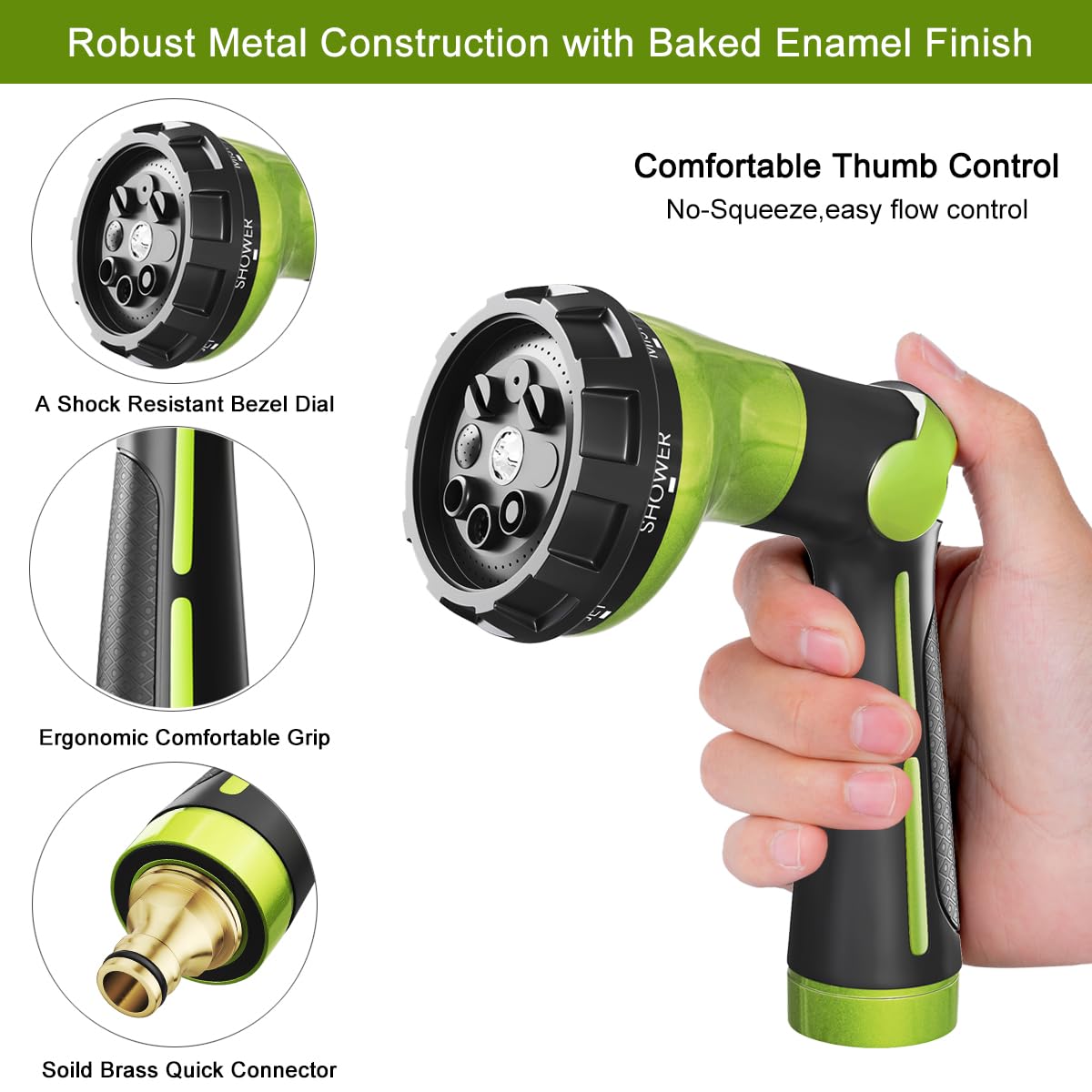 FANHAO Hose Pipe Spray Gun Heavy Duty,100% Metal Garden Hose Gun with 8 Spray Patterns,High Pressure Hose Nozzle Thumb Control On Off Valve for Lawn & Plant Watering,Car & Pet Washing - Green