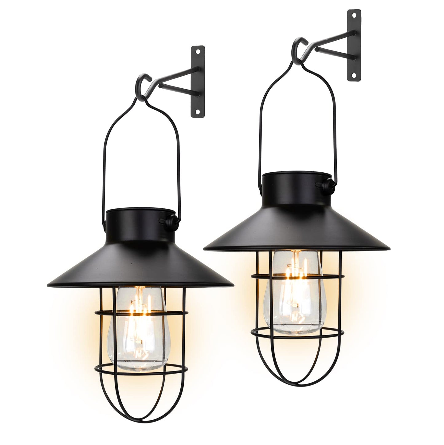 pearlstar Solar Lanterns Outdoor Metal Solar Powered Hanging Lights Waterproof for Wall Yard Garden Patio Garage Balcony Porch Fence Decor, Warm White Edison Bulb,with Wall Mount Kit（Black-2pack）