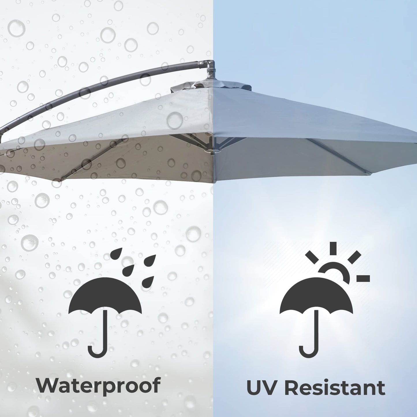 Neo 3M Garden Banana Outdoor Waterproof Freestanding Parasol LED Lights Hanging Cantilever Umbrella Sun Shade with Crank Handle Water Base (Grey)