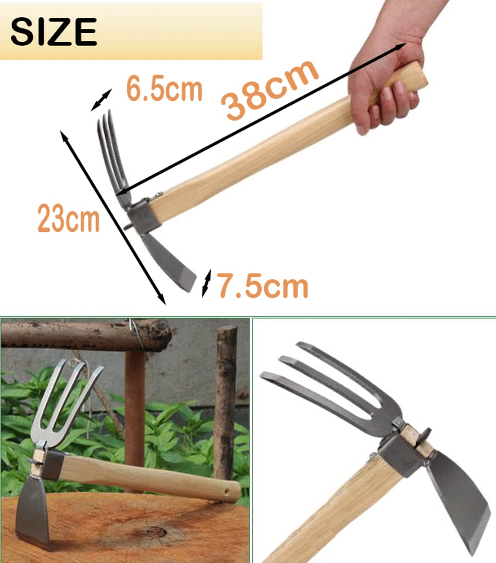 LANYOTA Garden Hoe,Garden Tools Digging Hoe and Rake, Hand Hoe With Wooden Handle for Loosening Soil and Weeding(2in1- Hoe and Rake)