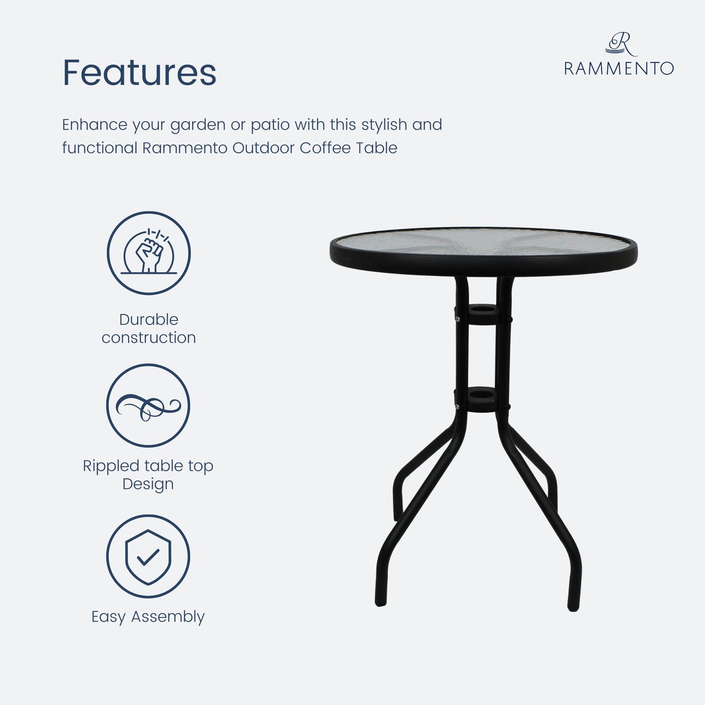 Rammento 71cm, (27.95") Black Metal & Round Tempered Glass Bistro Table | 60x60x71cm Indoor/Outdoor Café Dining Table for Conservatory, Decking & Home | Lightweight & Portable Rippled Glass Table