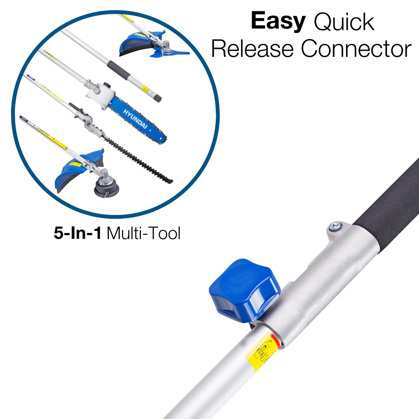 Hyundai 5 in 1, 52cc Long Reach Petrol Garden Multi Tool with 430mm Grass Trimmer, 425mm Hedge Trimmer, 10" Chainsaw, Brushcutter, 2-Stroke with 3 Year Warranty