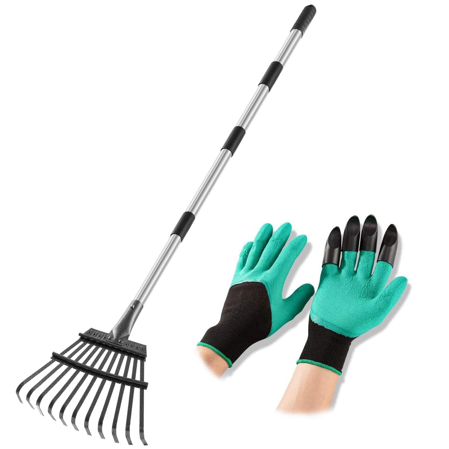 Garden Rake -Small Leaves Rakes for Gardening - 11 Metal Tines/ 9" Wide/ 32.6"-55.9" Long Handle Leaf Rakes for Lawns Heavy Duty for Yard Shrub etc with Garden Digging Gloves
